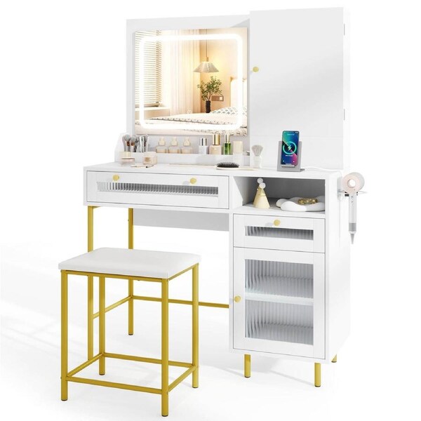 Costway Dressing Table Makeup Vanity Table & Stool Set w/Mirror & 3-Color LED Lights White