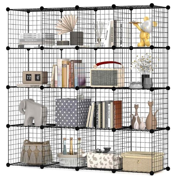 Costway 16PCS Set Wire Storage Cubes Gird Wire Storage Cabinet DIY Modular Shelf Organizer Rack Bookcase Home Black