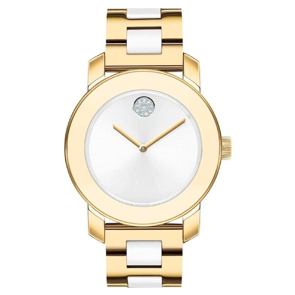Movado Light Gold Steel & White Ceramic Silver Dial Made Women's Swiss Made Watch - 3600892
