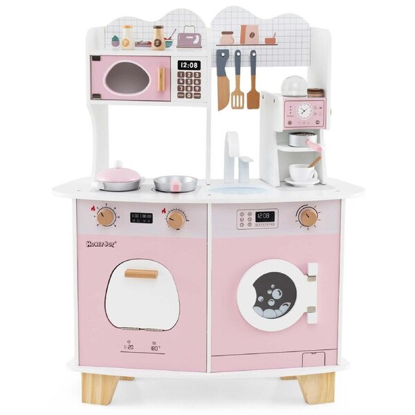 Costway Pretend Play Kitchen Kitchen Playset Cooking Toy Gift w/Coffee Set Pink