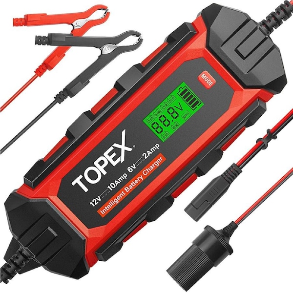TOPEX Car Battery Charger, 10A 6V/12V Smart Automatic Battery Charger Maintainer with LCD Display for Lead Acid, LiFePo4 Battery in Truck, Motorcycle
