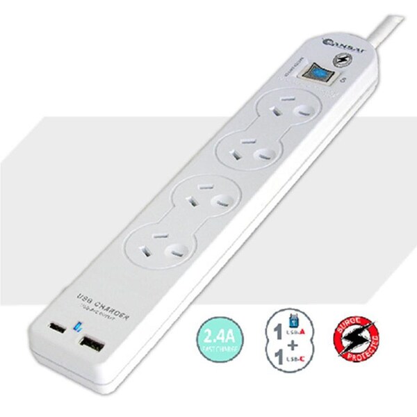 Sansai PAD-501USB 4Socket USB Powerboard-Adaptor With USB-A USB-C Ports White