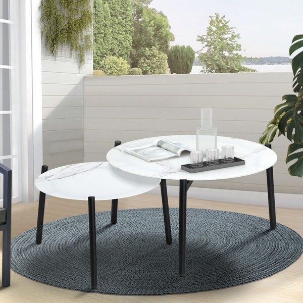 Livsip 50cm 70cm Outdoor Coffee Side Marble Table Set Desk Patio Furniture Garden White