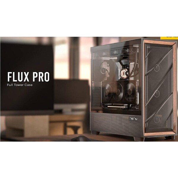 Antec FLUX PRO, E-ATX, Premium Walnut, Iunity Temperature Disp. CPU and GPU LED Display, 6x High Performance Fans, ARGB PWN Ctrl, PSU Shift, Case