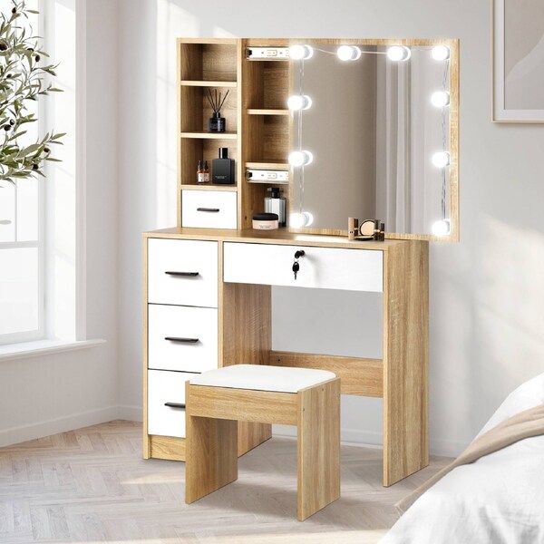 Oikiture Dressing Table Stool Set Slide Mirror Drawer 10 LED Bulbs Natural White