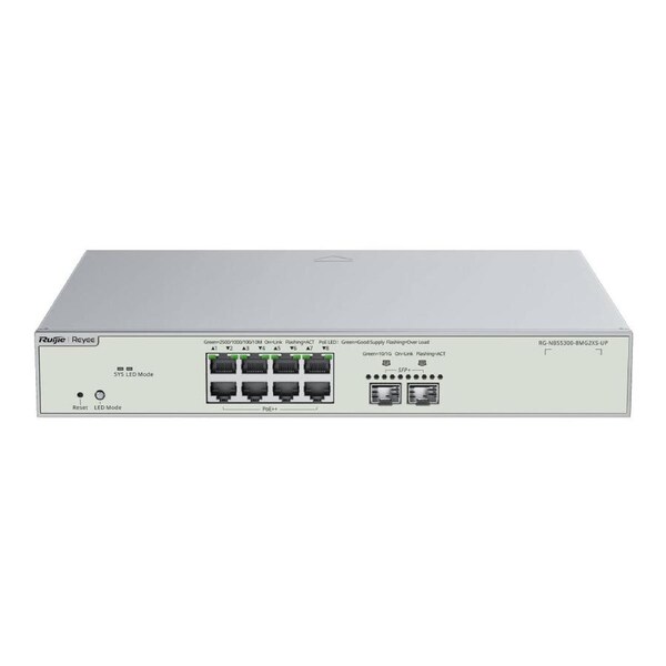 Ruijie Reyee RG-NBS5300-8MG2XS-UP L3 Managed Switch, 8-Port 2.5 Gbps PoE++, 2-Port 10 Gbps SFP+, 370 W PoE power budget