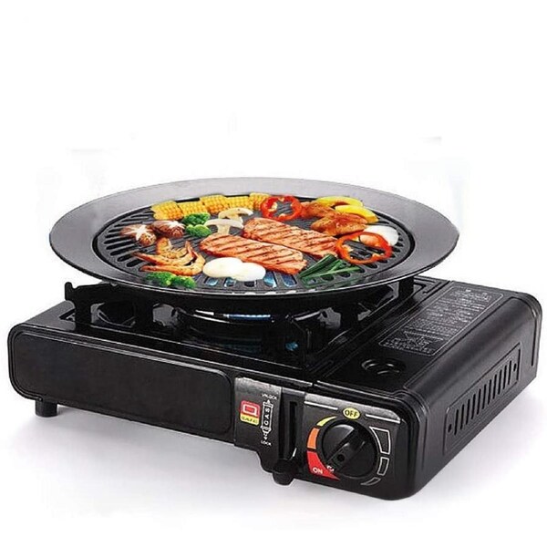 Portable Gas BBQ Stove with Grill Plate Outdoor Barbecue Cooking Burner Kit