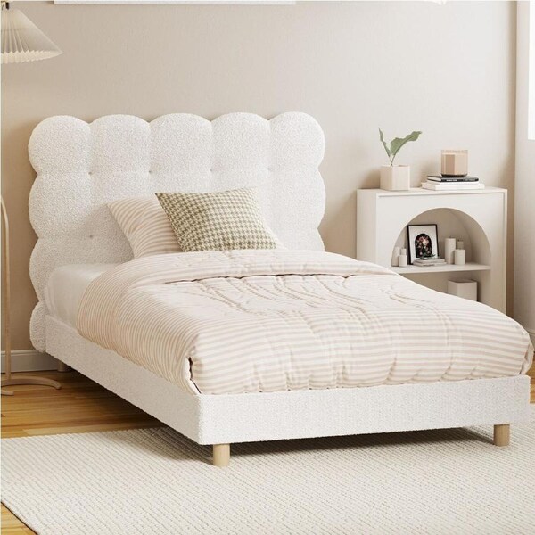 Oikiture Bed Frame King Single Tufted Bedhead Boucle Fabric White