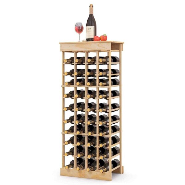 Costway 40 Bottles Modular Wine Rack 10-tier Solid Wood Wine Bottle Holder w/Cross Bars Natural