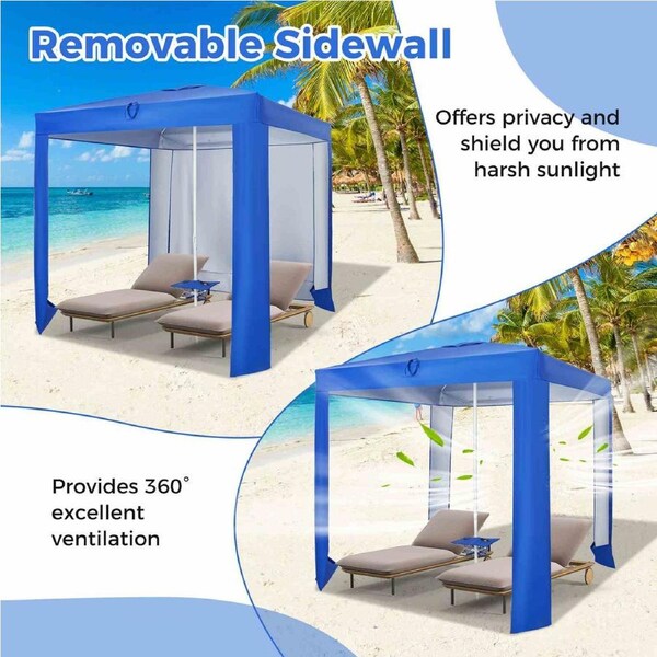 Costway 241cm UPF50+ Beach Cabana Tent w/Folding Table/Back Wall Portable Outdoor Sun Shelter Easy Setup Blue