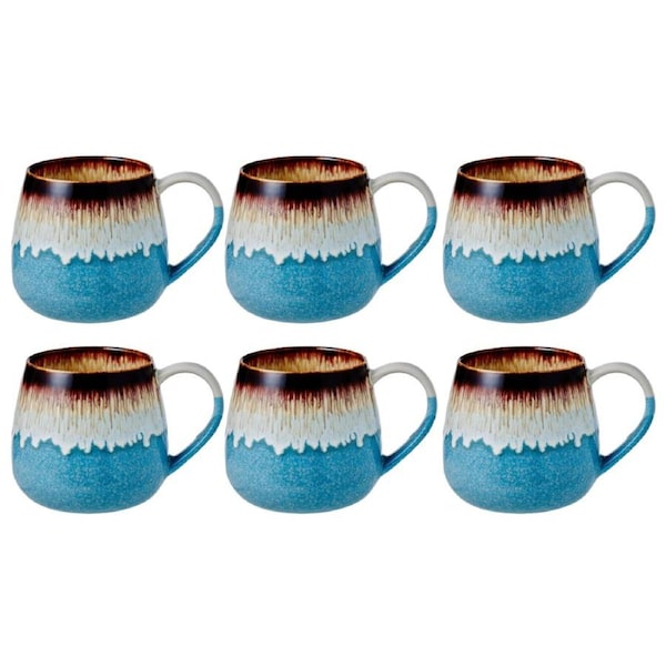 Leaf & Bean Roma Reactive Glaze 6 Piece Mug Set 500ml Blue & Brown