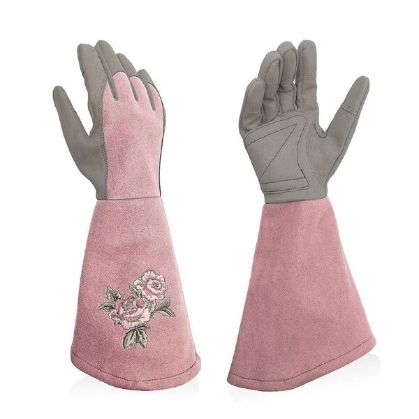 Women's Leather Gardening Gloves, Anti-Puncture with Long Sleeve, Elegant Ladies Garden Gloves with Exquisite Embroidery, Pink,M