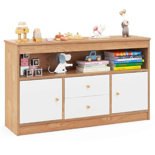 Giantex Toy Storage Organizer Chest w/Drawers & Closed Cabinets for Books and Dolls Natural