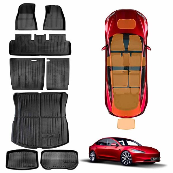 Floor Mats Boot liner for Tesla Model 3 Highland 2023-Onwards All Weather Heavy Duty Front Rear Cargo Car Trunk Kick Mats 8PCS Full Cover