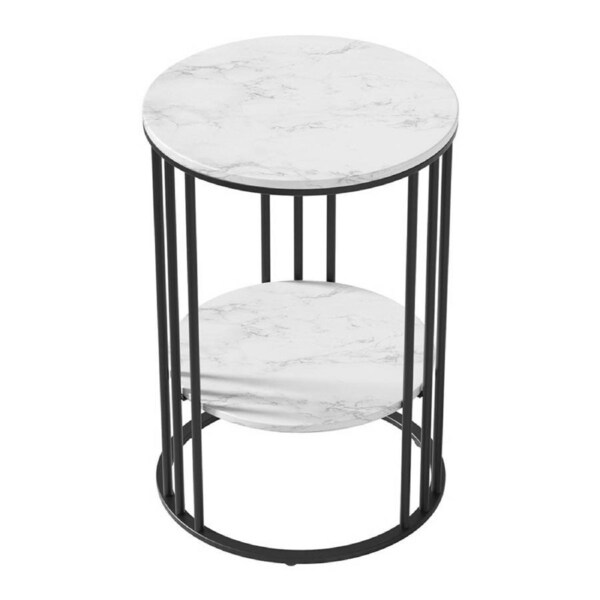 Coffee Table 2-Tier Storage Side Table Bedside Marble Effect Round White 40x54cm