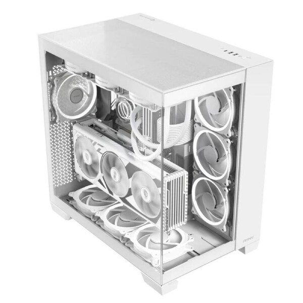 Antec C8 Aluminum White E-ATX Seamless Edge View Front and Side, USB-C, 4mm Tempered Glass, 360mm liquid cooler top, bottom, side. 2x USB 3.0 Case.