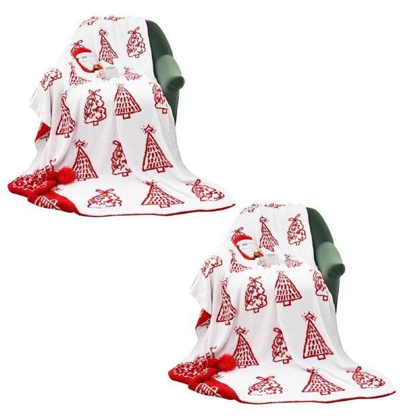 SOGA 2X 130x170cm Throw Blanket Red Christmas Tree Half Fleece for Holiday Season Cozy