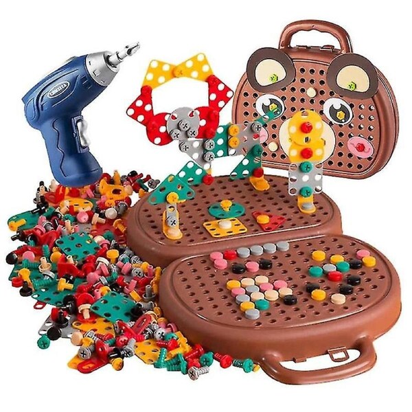 203-Piece Educational Toy Drill Set - Wooden Tool Building Blocks Kit, Kids BPA-Free ABS Pegboard, Screwdriver, Wrench & Mosaic for Ages 3+[HsSs]