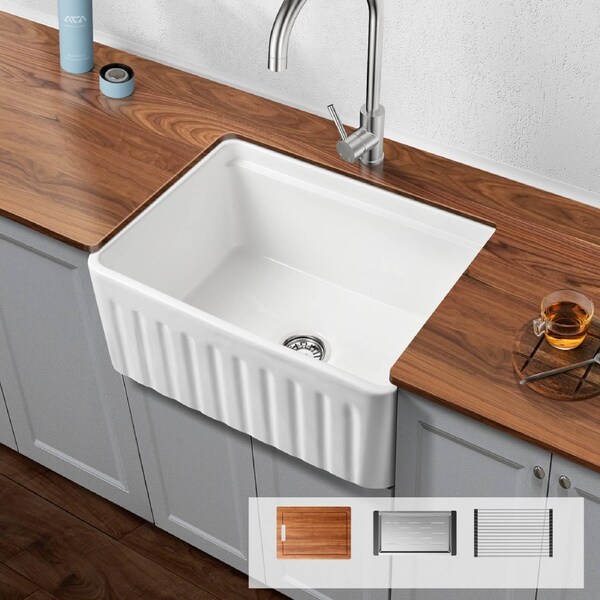 ACA White Farmhouse Reversible Front Ceramic Kitchen Sink Bowl Drainer Tray Drying Rack 61x46cm