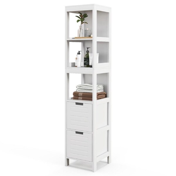 Costway 145cm Bathroom Cabinet 5-tier Wood Storage Organiser w/2 Drawer & Open Shelf White