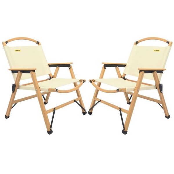 2x Bamboo Canvas Foldable Outdoor Camping Chair Wooden Picnic Park - Khaki/Beige
