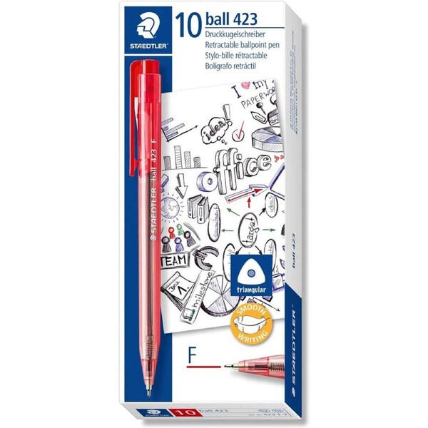 Staedtler Ballpoint Pen 423 0.7mm Fine Ice Retractable Triangular Red Box of 10