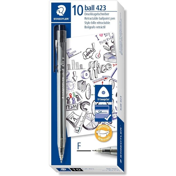 Staedtler Ballpoint Pen 423 0.7mm Fine Ice Retractable Triangular Black Box of 10
