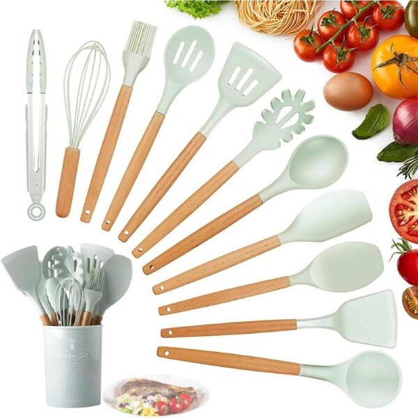 KagoLing Kitchen Utensil Set, Silicone Kitchen Utensils, Non-Stick Heat Resistant Kitchen Utensil Set with Wooden Handle, 12 Pieces, Kitchen Appliance Including Spoons, Tongs, Whisk, Spatula