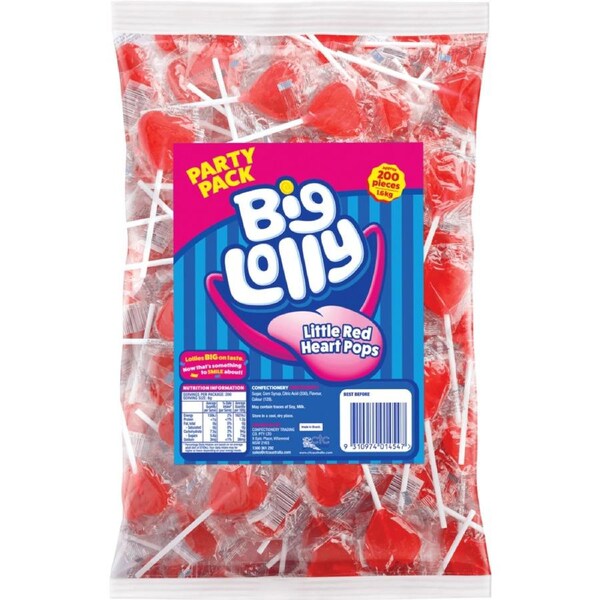 Big Lolly Little Red Heart Pops 200 Pack x 1