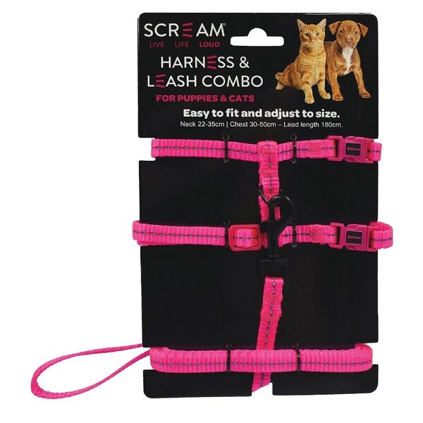 Scream Reflective Adjustable Harness & Leash Combo for Puppies & Cats Loud Pink