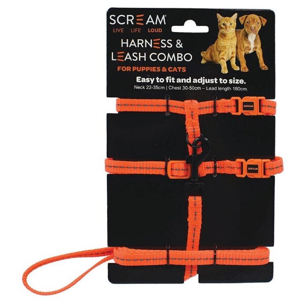Scream Reflective Adjustable Harness & Leash Combo for Puppies & Cats Loud Ornge