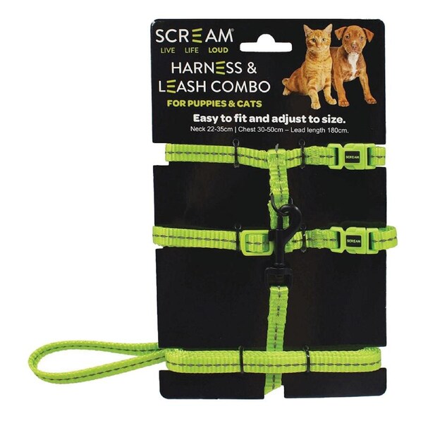Scream Reflective Adjustable Harness & Leash Combo for Puppies & Cats Loud Green