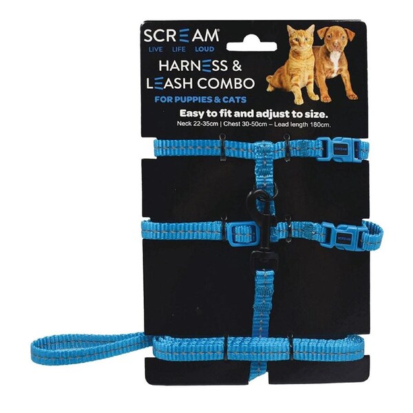 Scream Reflective Adjustable Harness & Leash Combo for Puppies & Cats Loud Blue