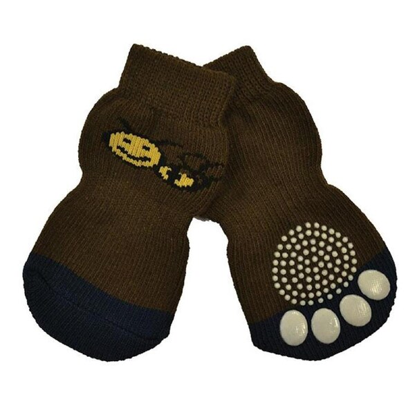 Zeez Non-Slip Knitted Pet Socks w/ Bee for Dogs Brown Large Set of 4