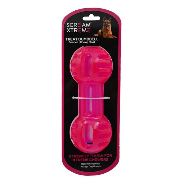 Scream Xtreme Treat Dumbbell Treat Dispensing Dog Toy Loud Pink XL 20cm
