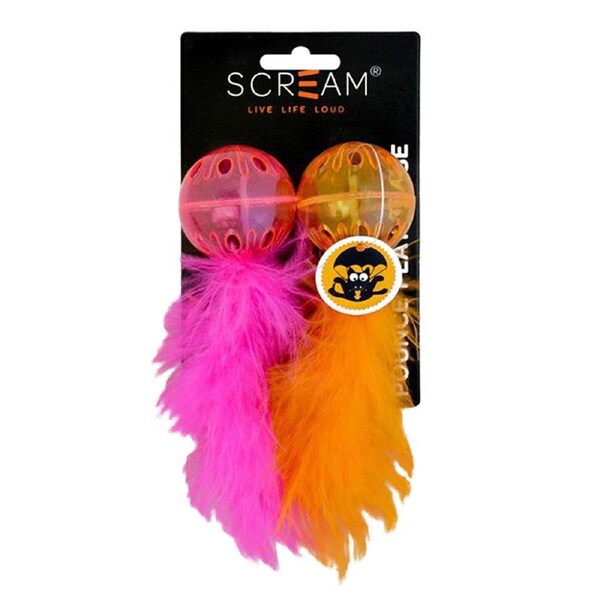 Scream Lattice Ball w/ Feather Cat Toy Loud Orange & Pink 2 Pack