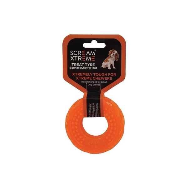 Scream Xtreme Treat Tyre Dog Chew Toy Loud Orange Small