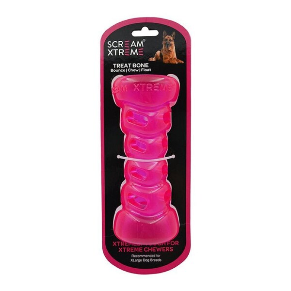 Scream Xtreme Treat Bone Treat Dispensing Dog Toy Loud Pink XL 20cm