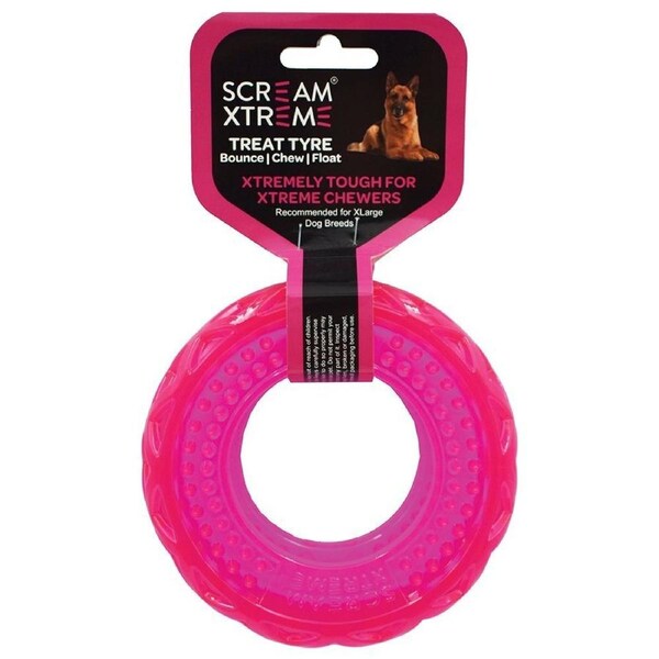 Scream Xtreme Treat Tyre Dog Chew Toy Loud Pink XL