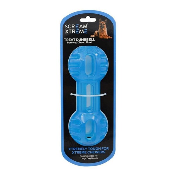 Scream Xtreme Treat Dumbbell Treat Dispensing Dog Toy Loud Blue XL 20cm