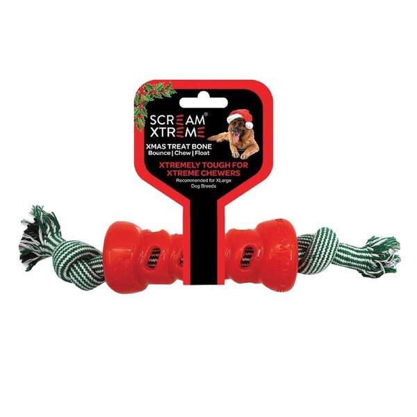 Scream Xtreme Christmas Treat Bone w/ Rope Dog Chew Toy Red XL