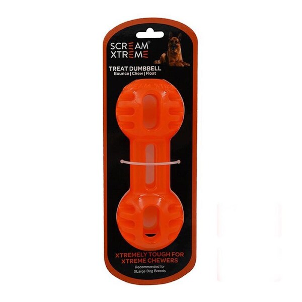 Scream Xtreme Treat Dumbbell Treat Dispensing Dog Toy Loud Orange XL 20cm