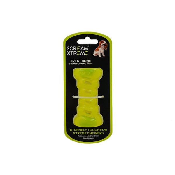 Scream Xtreme Treat Bone Treat Dispensing Dog Toy Loud Green Small 9cm