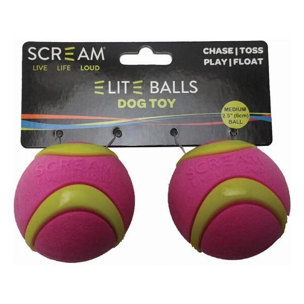 Scream Elite Balls Interactive Dog Toy Loud Green & Pink Medium 6.5cm 2 Pack