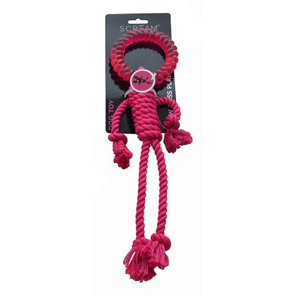 Scream Rope Man w/ TPR Head Interactive Play Dog Toy Loud Pink 30cm