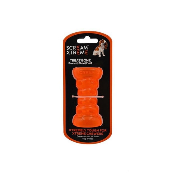 Scream Xtreme Treat Bone Treat Dispensing Dog Toy Loud Orange Small 9cm