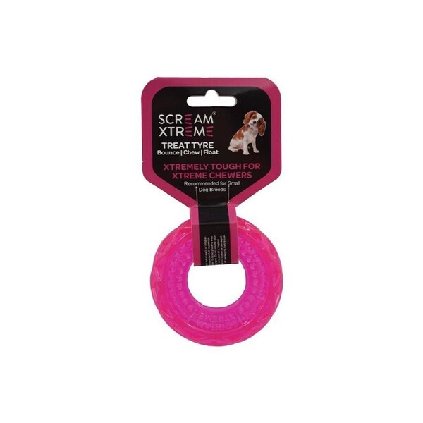 Scream Xtreme Treat Tyre Dog Chew Toy Loud Pink Small