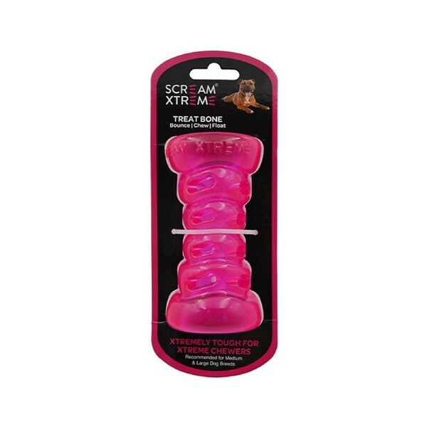 Scream Xtreme Treat Bone Treat Dispensing Dog Toy Loud Pink Medium/Large 13cm