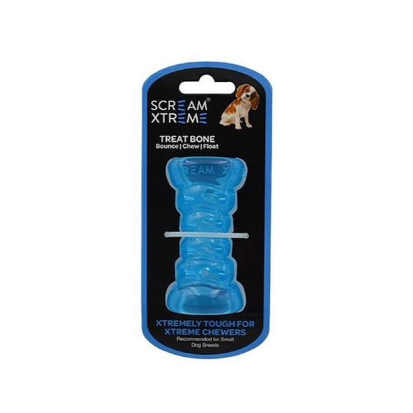 Scream Xtreme Treat Bone Treat Dispensing Dog Toy Loud Blue Small 9cm