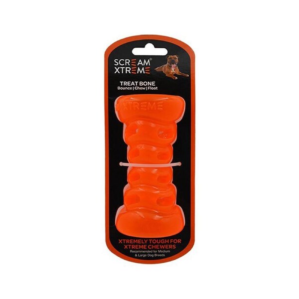 Scream Xtreme Treat Bone Treat Dispensing Dog Toy Loud Orange Medium/Large 13cm